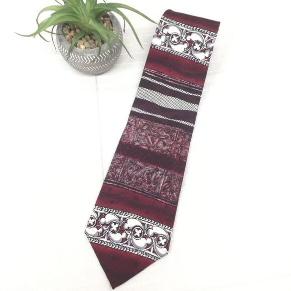 Oscar de la Renta Maroon White Mixed Print Retro Designer Wide Width Silk Tie - Picture 1 of 6